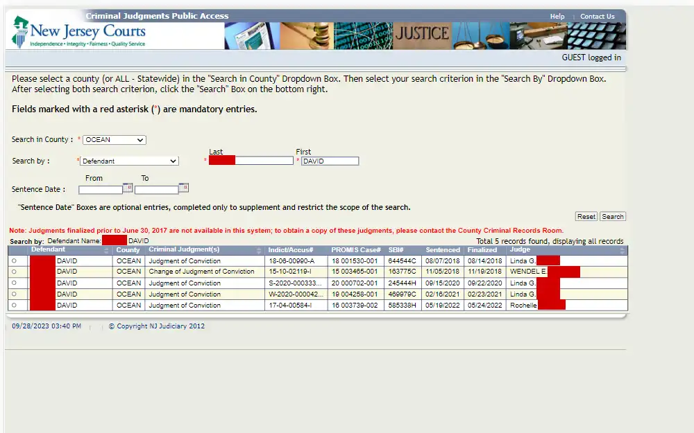 A screenshot of the database to look up judgments of conviction, orders for commitment, and judgments of acquittal and dismissal for cases heard by the county's Superior Court from June 30, 2017, to the present.