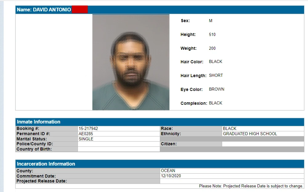 A screenshot of the search tool to look up who's currently incacerated in the Ocean County Jail.