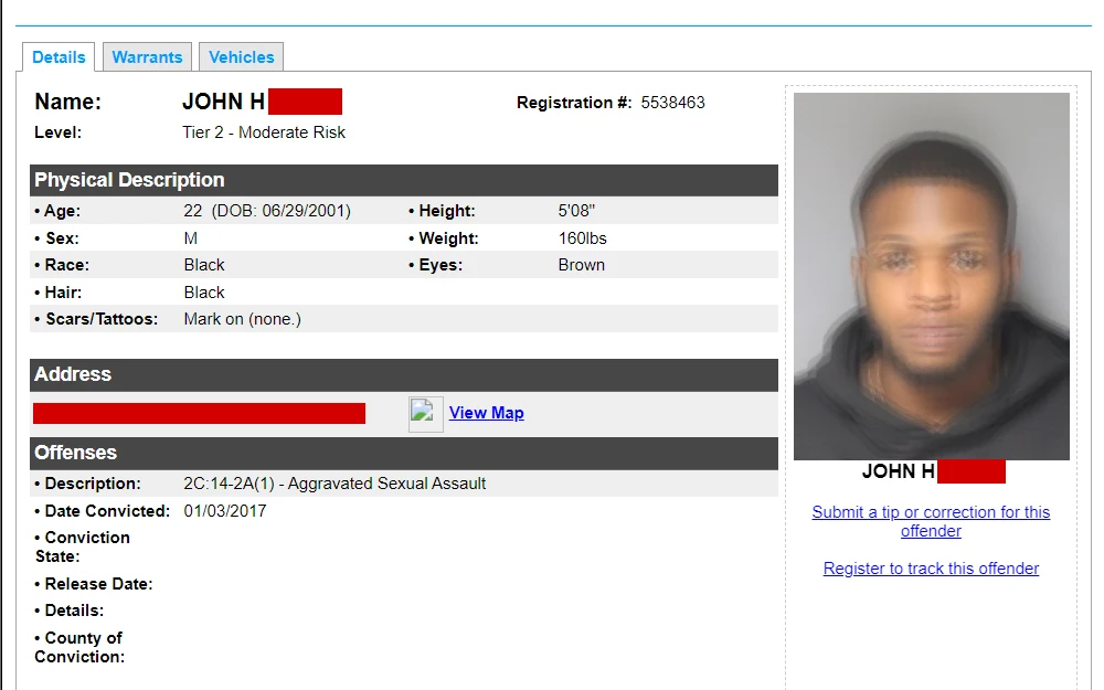 A screenshot of the search tool to search potential offenders by location, name, and even email address.