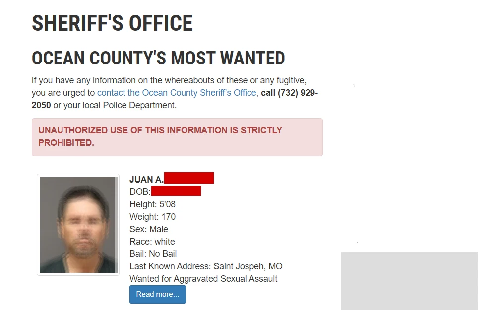 A screenshot of the list of Ocean County's Most Wanted provided by Ocean County Sheriff's Office.