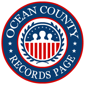 A round red, white, and blue logo with the words Ocean County Records Page for the state of New Jersey.