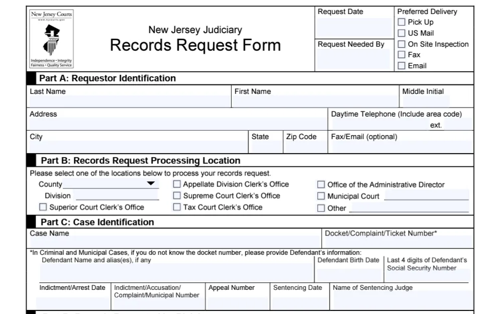 A screenshot of the form request for records to the Ocean County Superior Court Criminal Division.