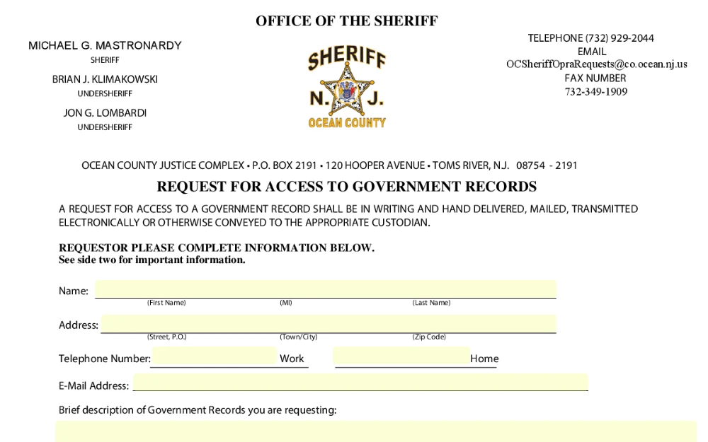 A screenshot of the form used to request reports directly from the Ocean County Sheriff's Office.