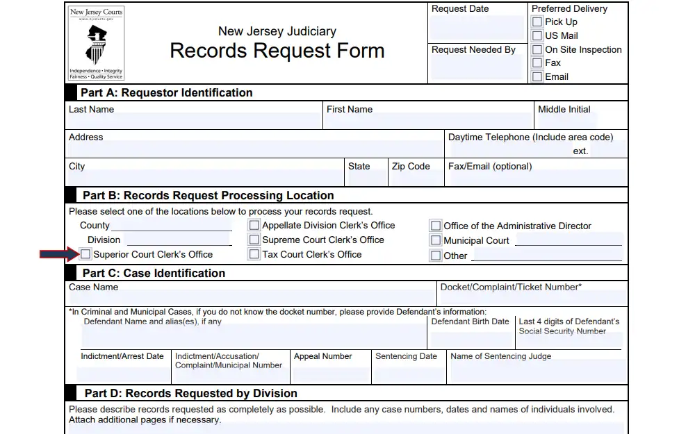 Screenshot of the records request form from the New Jersey Judiciary displaying four of the five parts including the following: requester identification, records request processing location (with "Superior Court Clerk's Office" highlighted), case identification, and description of the records requested by division.