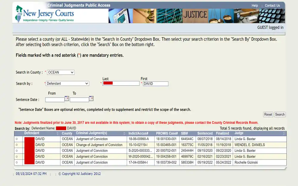 A screenshot of the database to look up judgments of conviction, orders for commitment, and judgments of acquittal and dismissal for cases heard by the county's Superior Court from June 30, 2017, to the present.